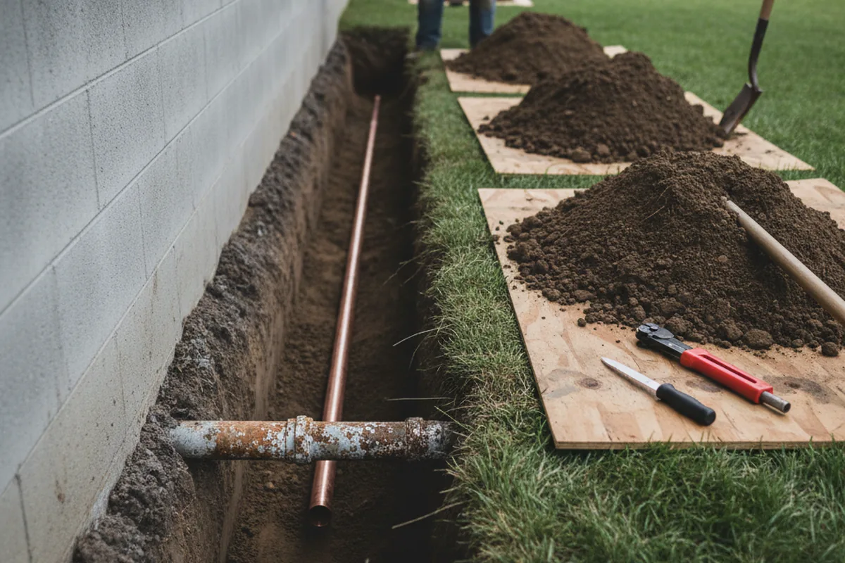 Excavated water line trench during Sewer Line Repair in Irmo